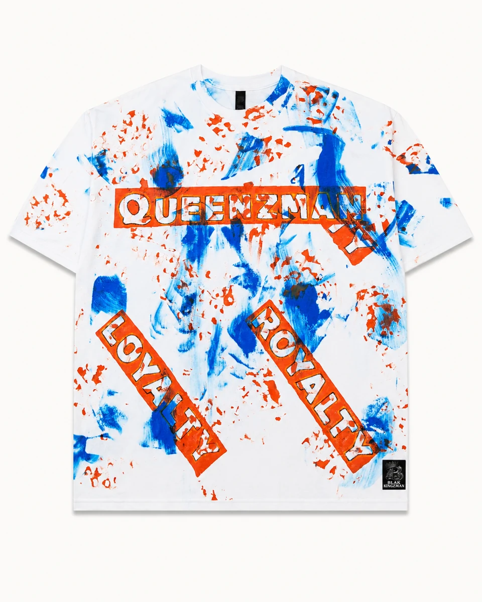 Queenzman Loyalty Royalty Tee – white/blue/orange front